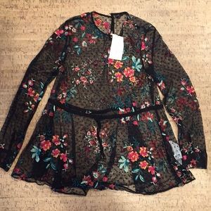 Black mesh tunic with floral embroidery